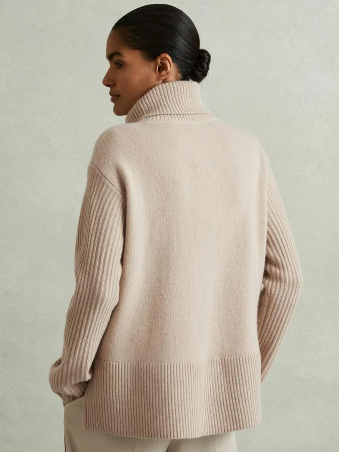 REISS Sweaters Women WoolCashmere Cable Knit Roll Neck Jumper Mink