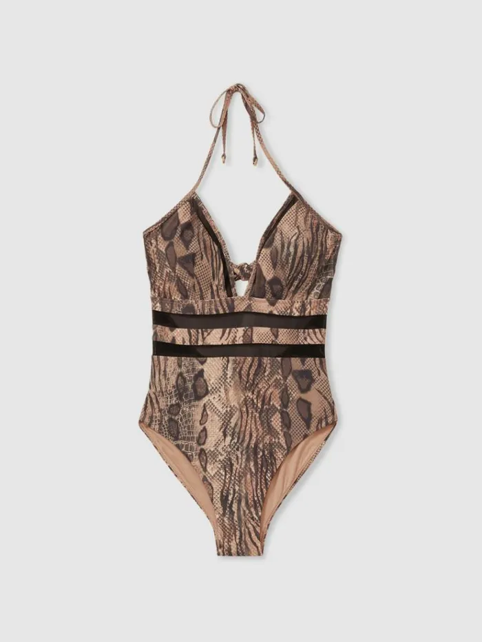 REISS Swimwear Women Snake Print Mesh Swimsuit Mink