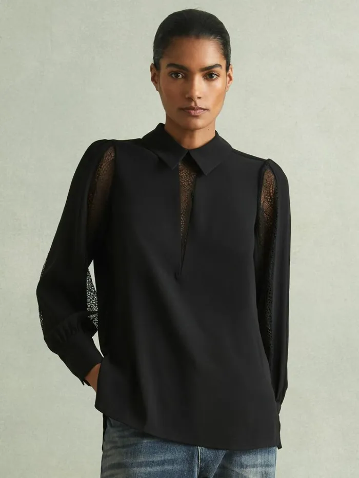 REISS Tops Women Lace Insert Blouse Black