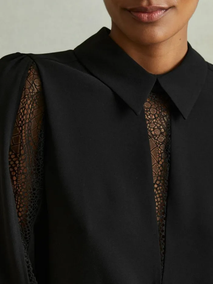 REISS Tops Women Lace Insert Blouse Black