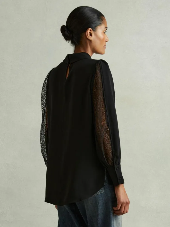 REISS Tops Women Lace Insert Blouse Black