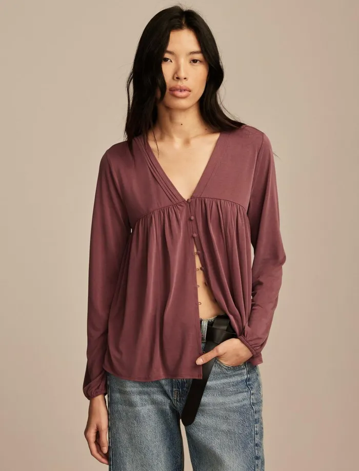 Sandwash Button Front Blouse Burgundy Women Lucky Brand Knit Tops