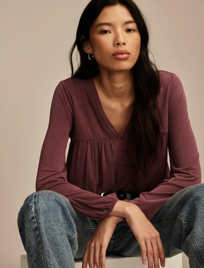 Sandwash Button Front Blouse Burgundy Women Lucky Brand Knit Tops