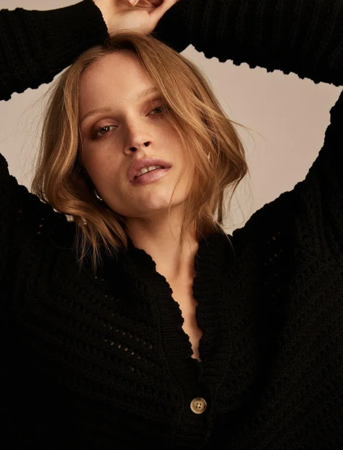 Scallop Pointelle Cardigan Dark Black Women Lucky Brand Sweaters and Sweatshirts