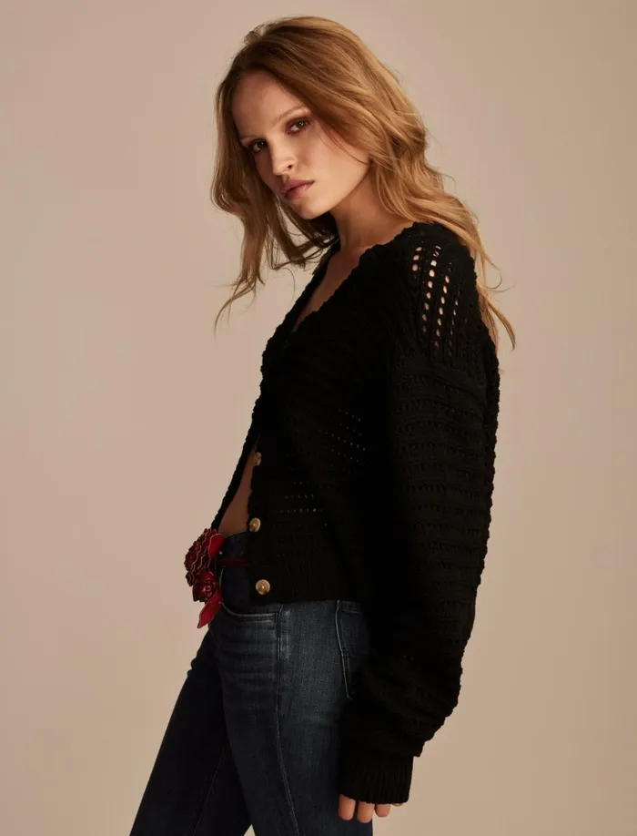 Scallop Pointelle Cardigan Dark Black Women Lucky Brand Sweaters and Sweatshirts