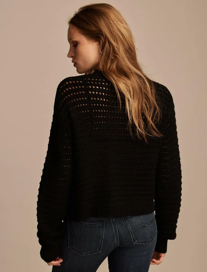 Scallop Pointelle Cardigan Dark Black Women Lucky Brand Sweaters and Sweatshirts