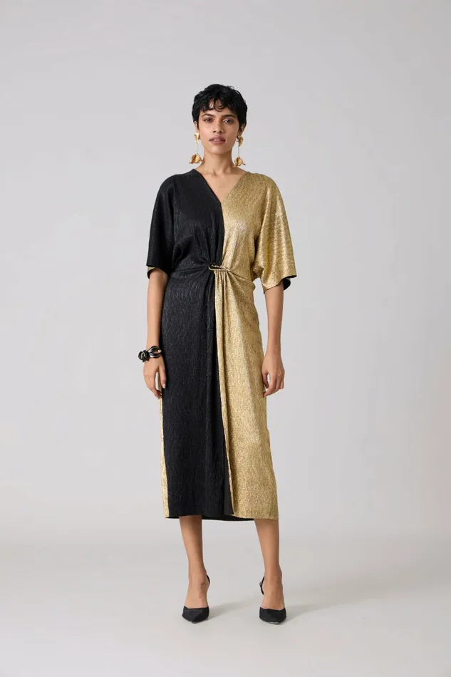 Scarlet Sage Dresses Cecil Midi Textured Metallic Dress 8211 Gold and Black 8211 Women
