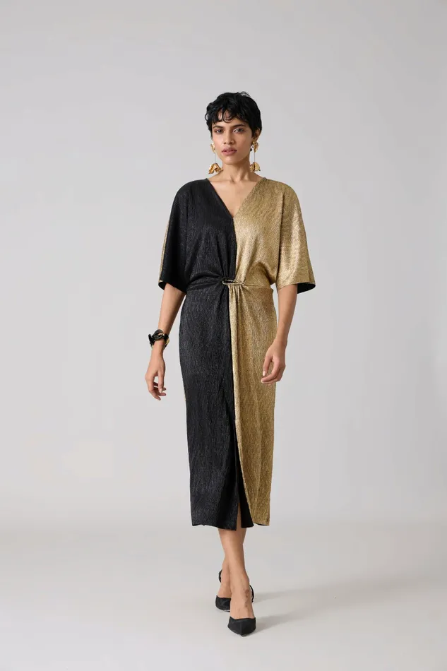 Scarlet Sage Dresses Cecil Midi Textured Metallic Dress 8211 Gold and Black 8211 Women