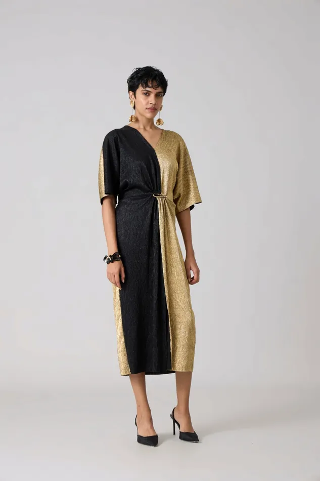 Scarlet Sage Dresses Cecil Midi Textured Metallic Dress 8211 Gold and Black 8211 Women