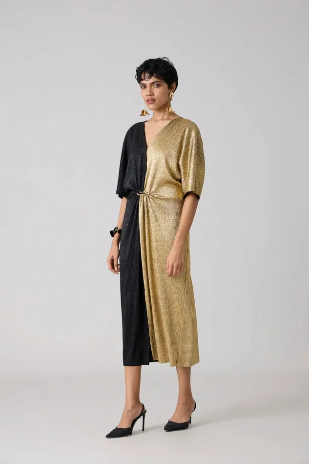 Scarlet Sage Dresses Cecil Midi Textured Metallic Dress 8211 Gold and Black 8211 Women