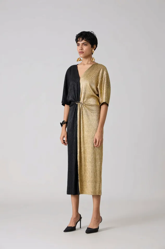 Scarlet Sage Dresses Cecil Midi Textured Metallic Dress 8211 Gold and Black 8211 Women