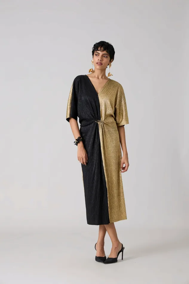 Scarlet Sage Dresses Cecil Midi Textured Metallic Dress 8211 Gold and Black 8211 Women