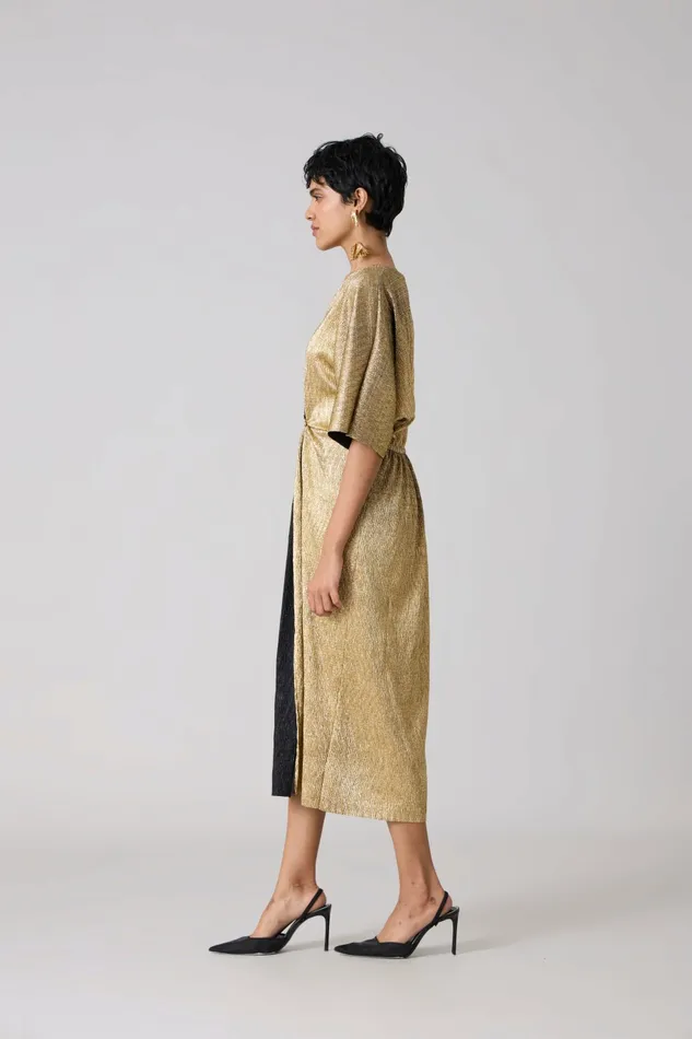 Scarlet Sage Dresses Cecil Midi Textured Metallic Dress 8211 Gold and Black 8211 Women