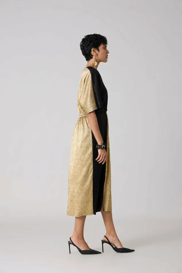 Scarlet Sage Dresses Cecil Midi Textured Metallic Dress 8211 Gold and Black 8211 Women