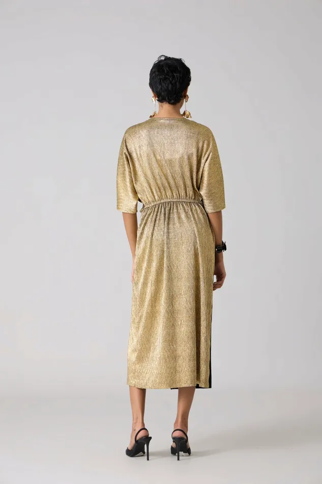 Scarlet Sage Dresses Cecil Midi Textured Metallic Dress 8211 Gold and Black 8211 Women