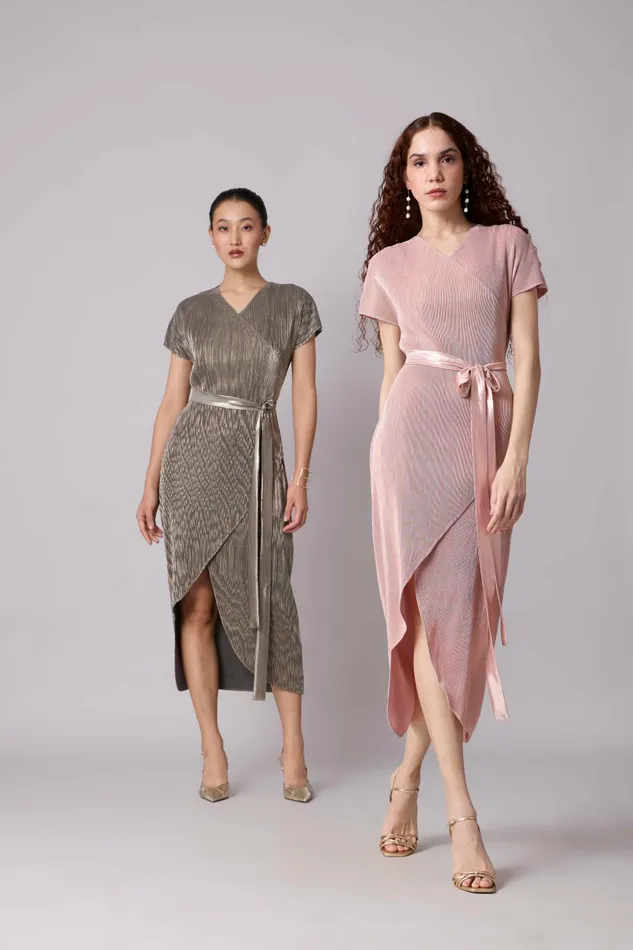 Scarlet Sage Dresses Delphi Overlap Dress 8211 Pink and Gold 8211 Women