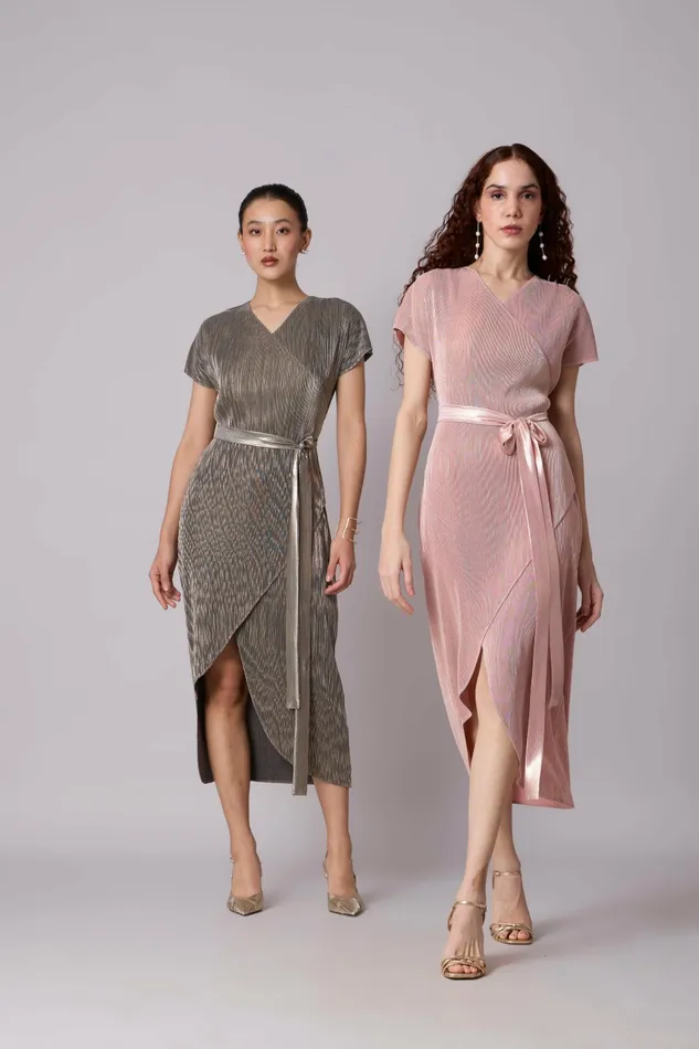 Scarlet Sage Dresses Delphi Overlap Dress 8211 Pink and Gold 8211 Women
