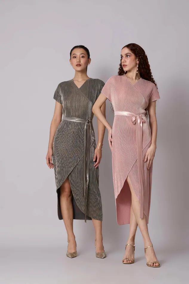 Scarlet Sage Dresses Delphi Overlap Dress 8211 Pink and Gold 8211 Women