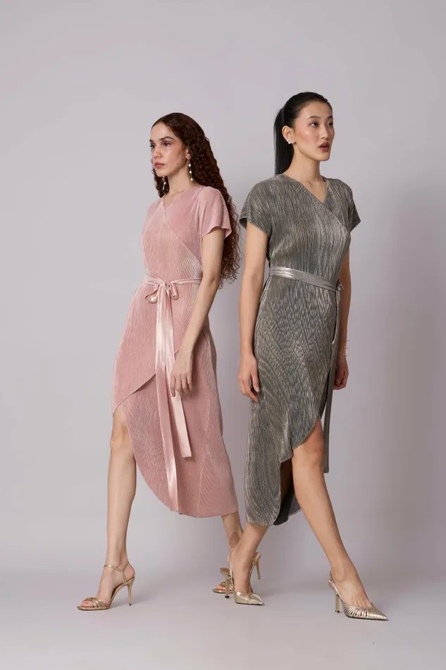 Scarlet Sage Dresses Delphi Overlap Dress 8211 Pink and Gold 8211 Women