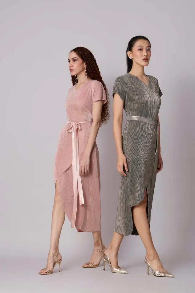 Scarlet Sage Dresses Delphi Overlap Dress 8211 Pink and Gold 8211 Women