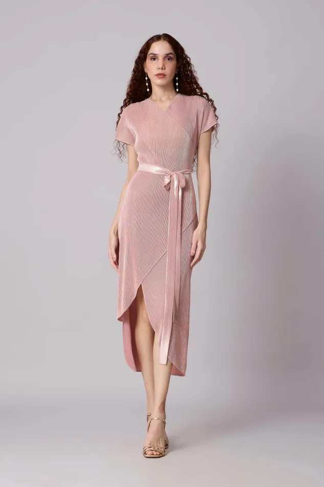 Scarlet Sage Dresses Delphi Overlap Dress 8211 Pink and Gold 8211 Women