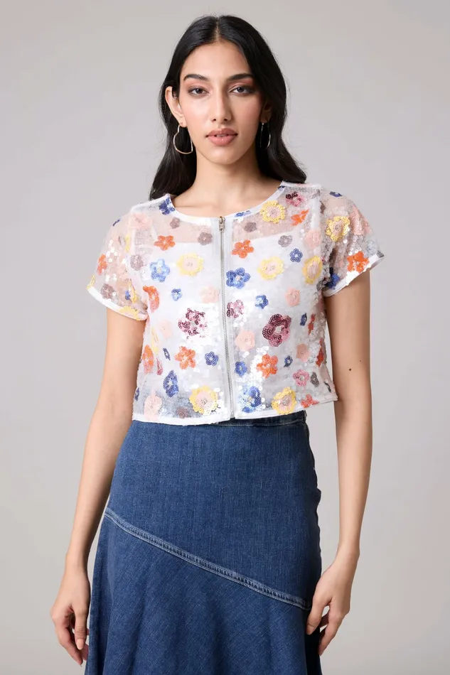 Scarlet Sage Tops Paige Sequence Flower Top Jacket 8211 Half Sleeve 8211 White 8211 Women