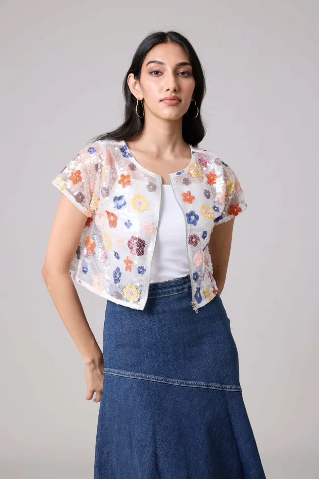 Scarlet Sage Tops Paige Sequence Flower Top Jacket 8211 Half Sleeve 8211 White 8211 Women