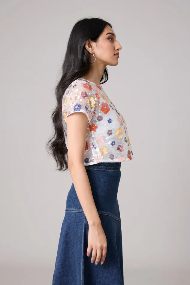 Scarlet Sage Tops Paige Sequence Flower Top Jacket 8211 Half Sleeve 8211 White 8211 Women