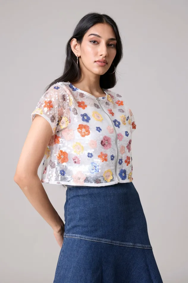 Scarlet Sage Tops Paige Sequence Flower Top Jacket 8211 Half Sleeve 8211 White 8211 Women