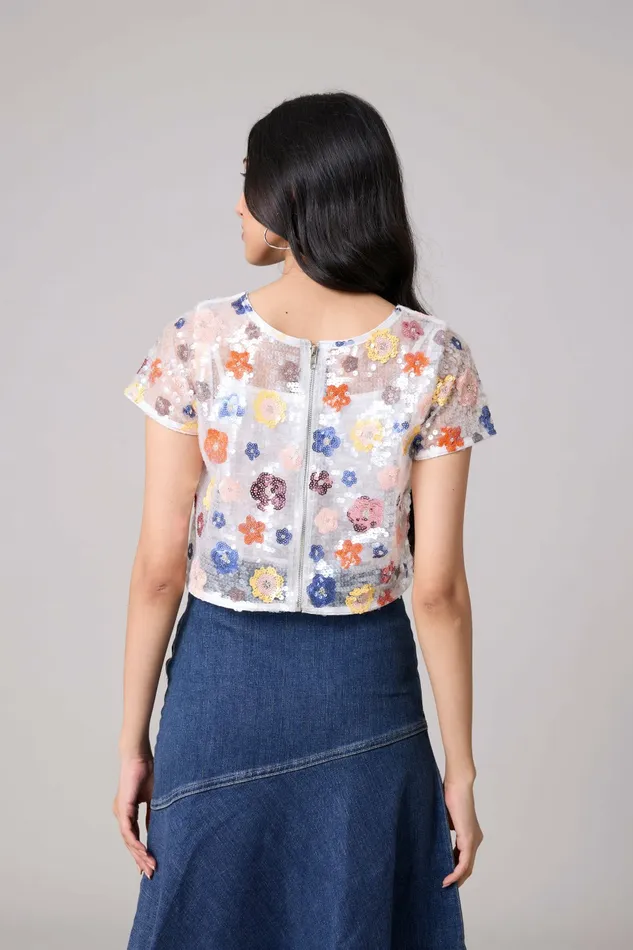 Scarlet Sage Tops Paige Sequence Flower Top Jacket 8211 Half Sleeve 8211 White 8211 Women