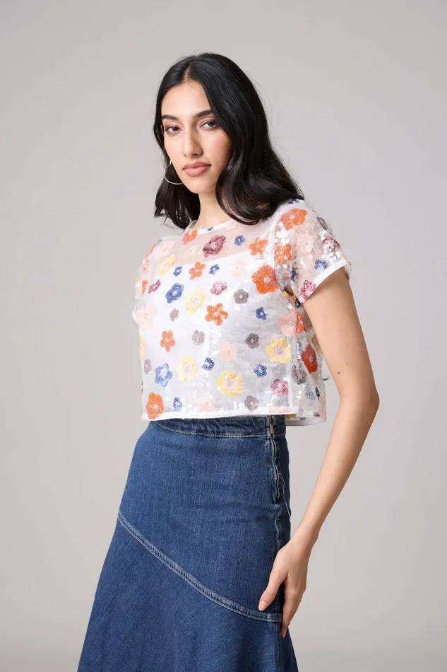 Scarlet Sage Tops Paige Sequence Flower Top Jacket 8211 Half Sleeve 8211 White 8211 Women