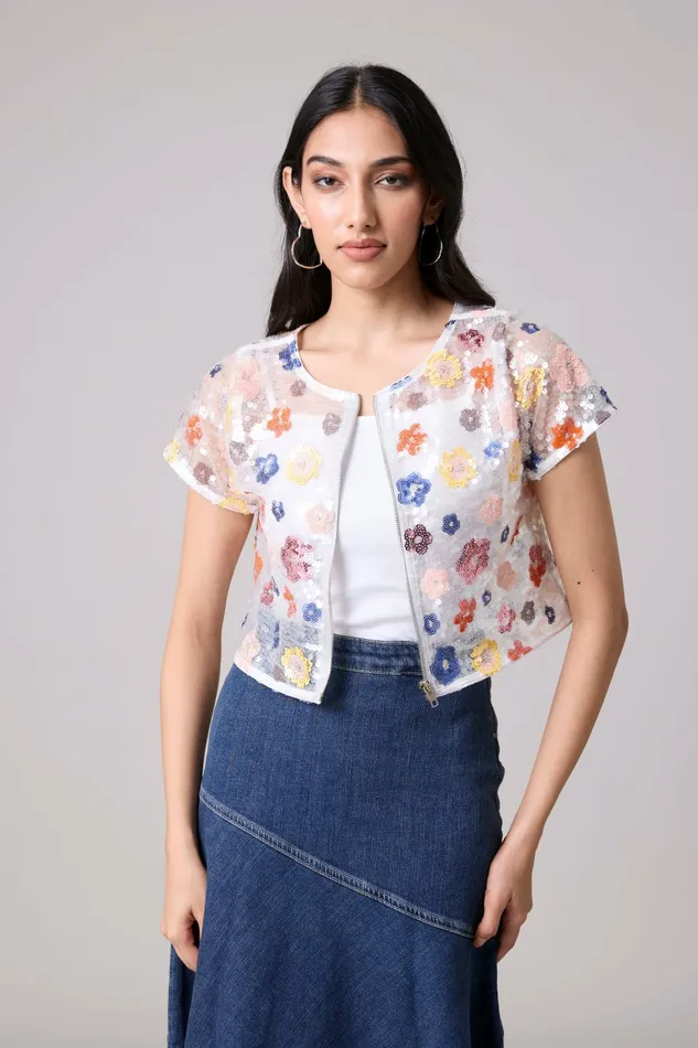 Scarlet Sage Tops Paige Sequence Flower Top Jacket 8211 Half Sleeve 8211 White 8211 Women
