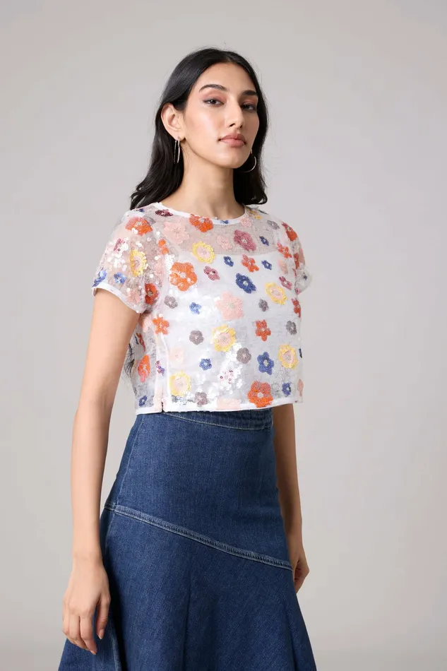 Scarlet Sage Tops Paige Sequence Flower Top Jacket 8211 Half Sleeve 8211 White 8211 Women