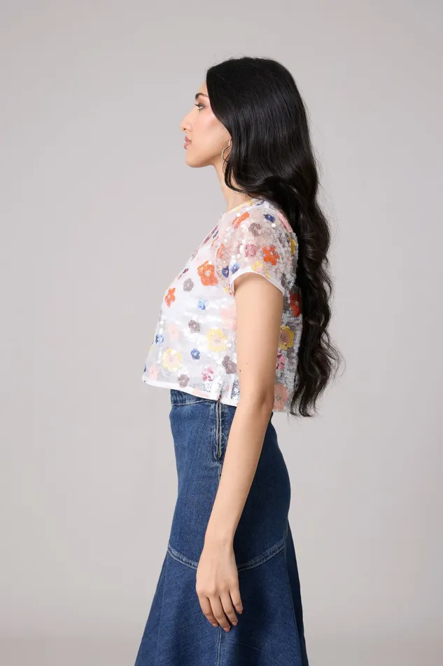 Scarlet Sage Tops Paige Sequence Flower Top Jacket 8211 Half Sleeve 8211 White 8211 Women