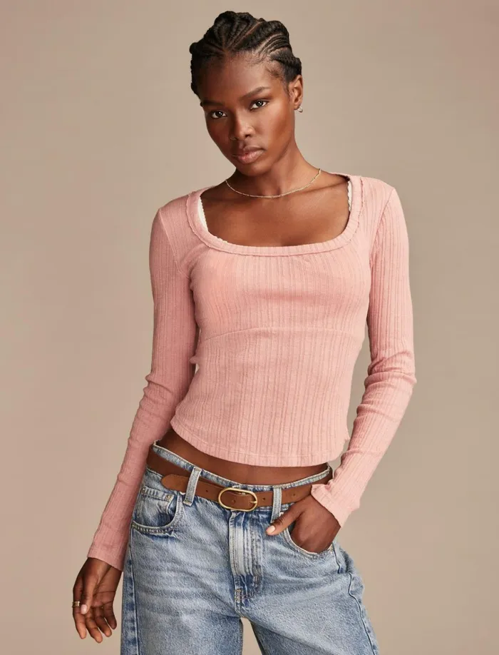 Seamed Scoopneck Long Sleeve Top Ash Rose Women Lucky Brand Knit Tops