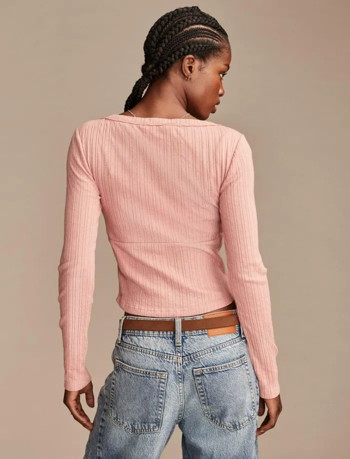 Seamed Scoopneck Long Sleeve Top Ash Rose Women Lucky Brand Knit Tops