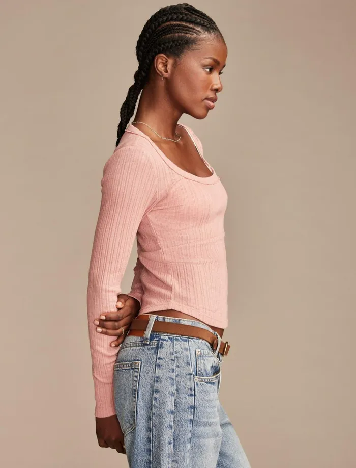Seamed Scoopneck Long Sleeve Top Ash Rose Women Lucky Brand Knit Tops