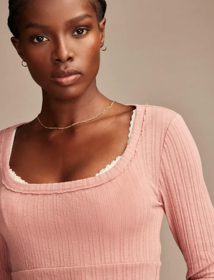 Seamed Scoopneck Long Sleeve Top Ash Rose Women Lucky Brand Knit Tops