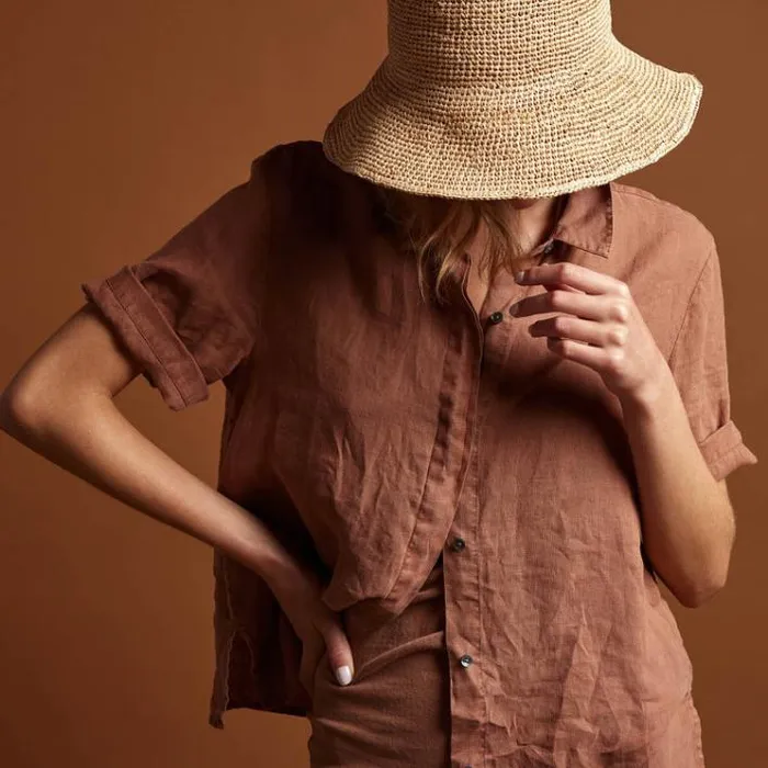 Shirting Women James Perse Short Sleeve Linen Shirt Nutmeg Pigment