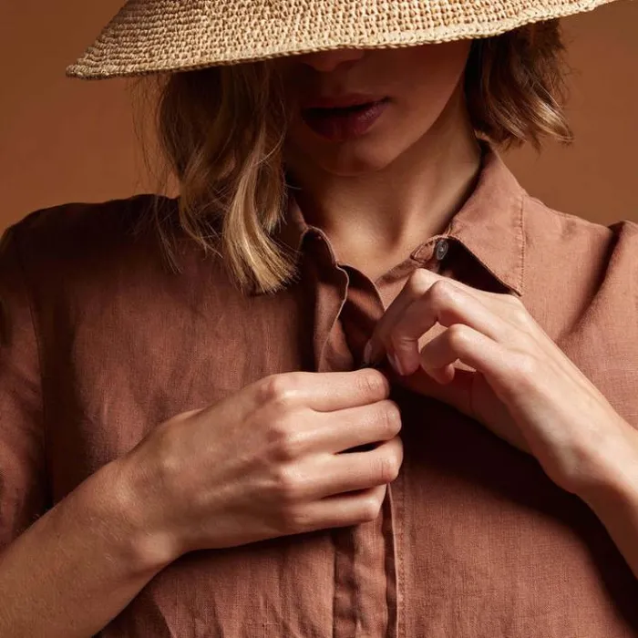 Shirting Women James Perse Short Sleeve Linen Shirt Nutmeg Pigment