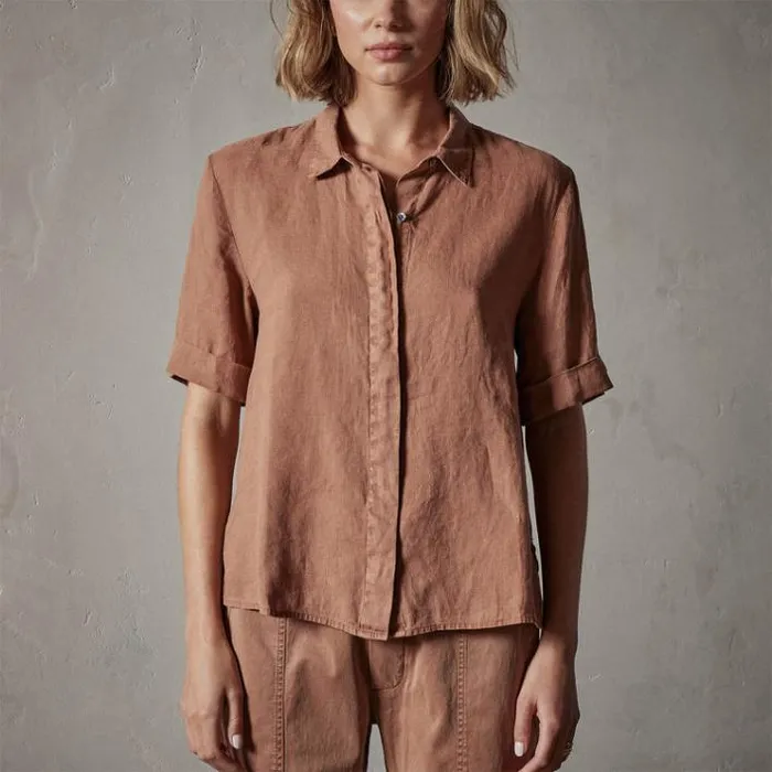 Shirting Women James Perse Short Sleeve Linen Shirt Nutmeg Pigment