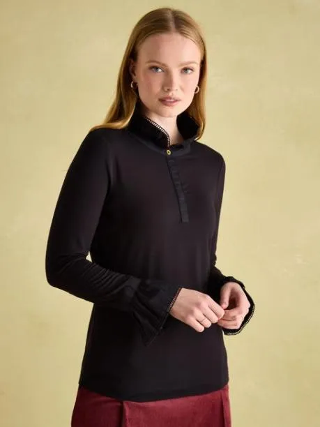 Shirts and Blouses Women Joules Black Long Sleeve Frilled Neck Top