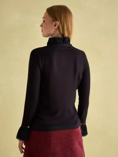 Shirts and Blouses Women Joules Black Long Sleeve Frilled Neck Top