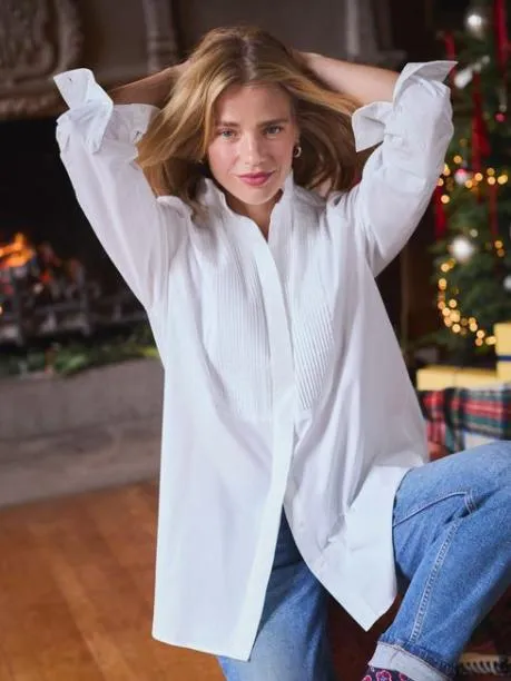 Shirts and Blouses Women Joules White Pleated TuxedoStyle Shirt