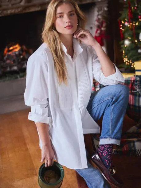Shirts and Blouses Women Joules White Pleated TuxedoStyle Shirt