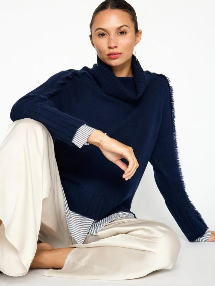 Shop Brochu Walker Sweaters The Jolie Fringe Striped Layered Looker Navy W Stripe Woven