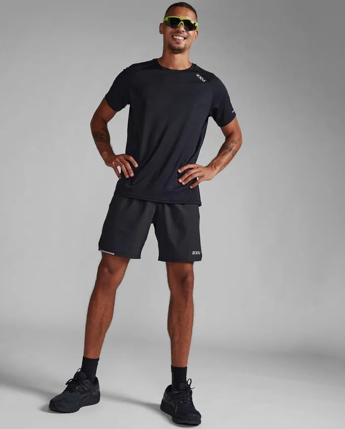 Short Sleeve Mens 2XU Aero Tee Blacksilver Reflective