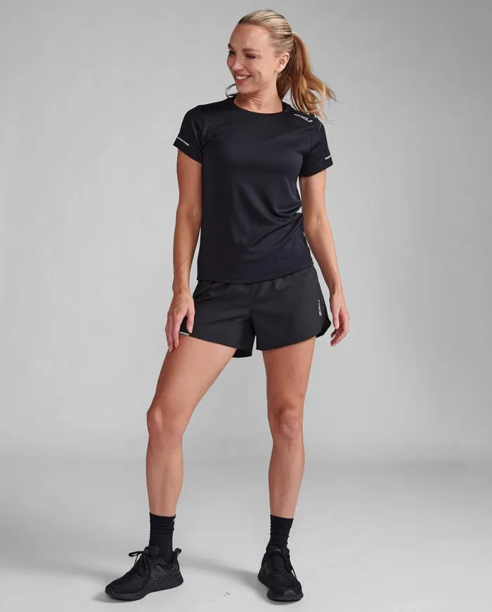 Short Sleeve Womens 2XU Aero Tee Blacksilver Reflective
