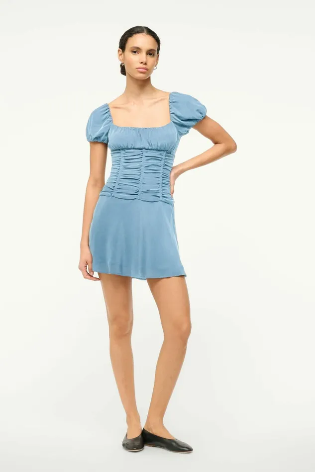 STAUD ELBA MINI SILK DRESS Slate Blue Women Dresses
