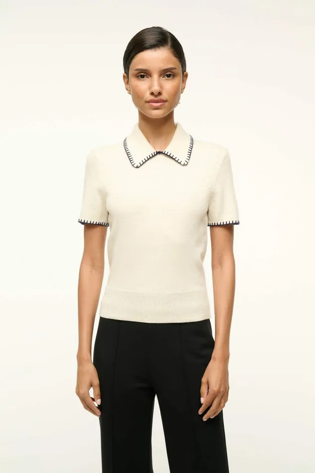STAUD WINDSOR TOP Ivory Navy Women Tops